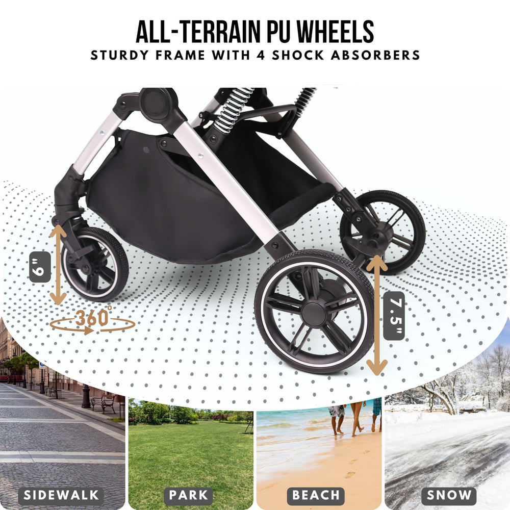 Bicystar pet stroller side view shows all-terrain wheels for smooth rides.