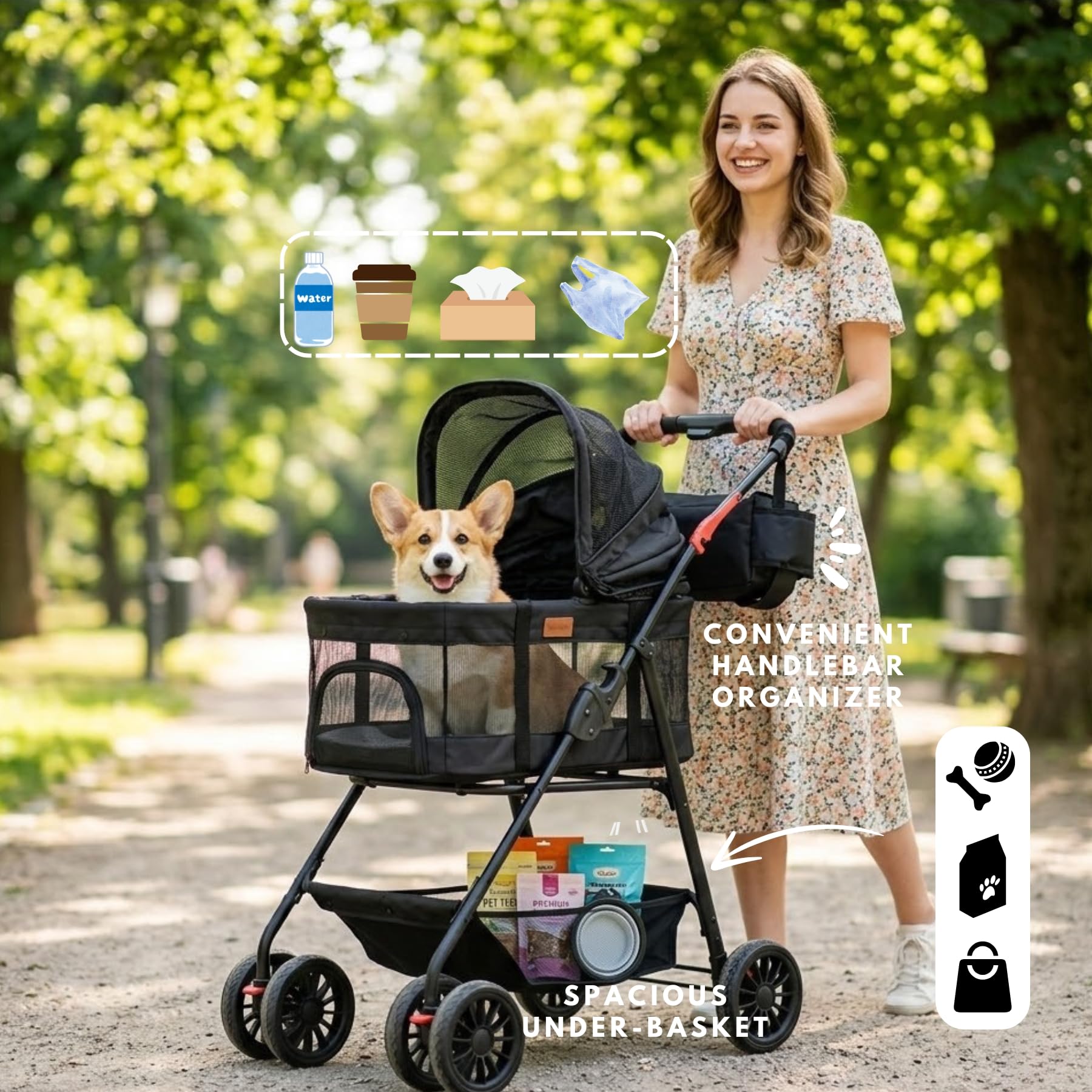 Bicystar stroller with built in storage organizer and basket