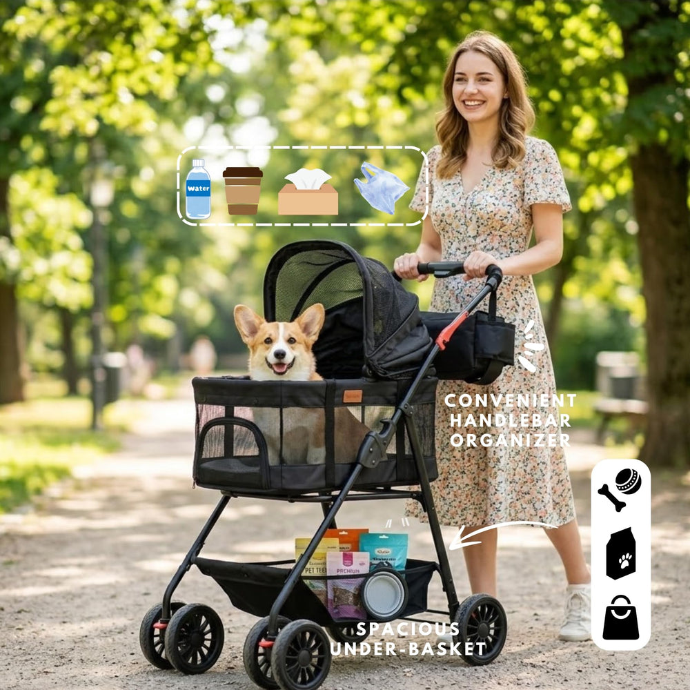 Bicystar stroller with built in storage organizer and basket
