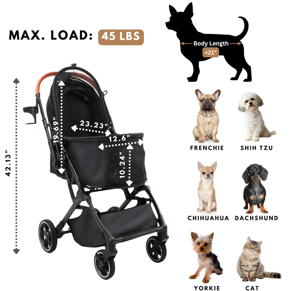 Bicystar pet stroller under-basket storage for essentials during outings.