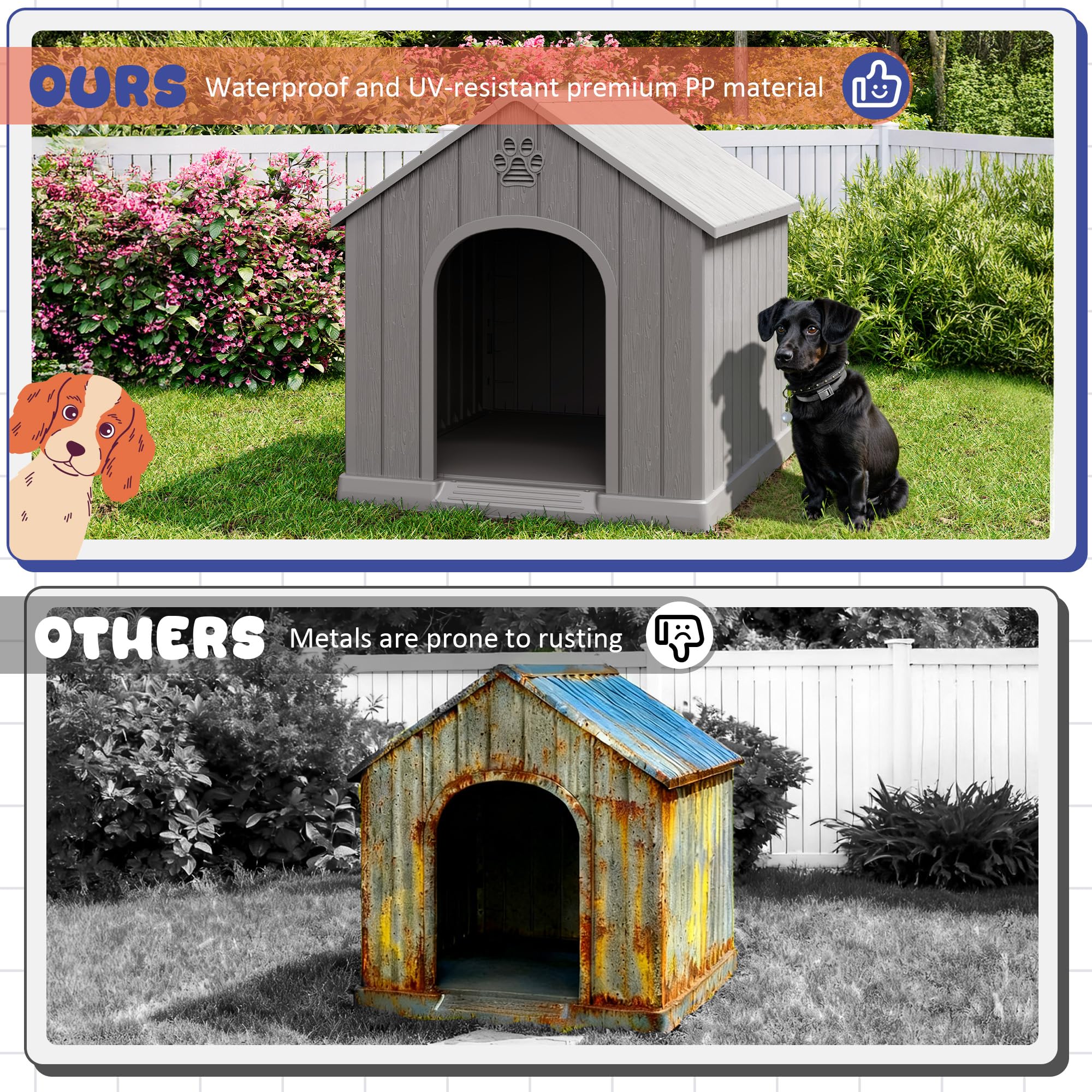 Bifanuo dog house weatherproof shell withstands outdoor conditions.