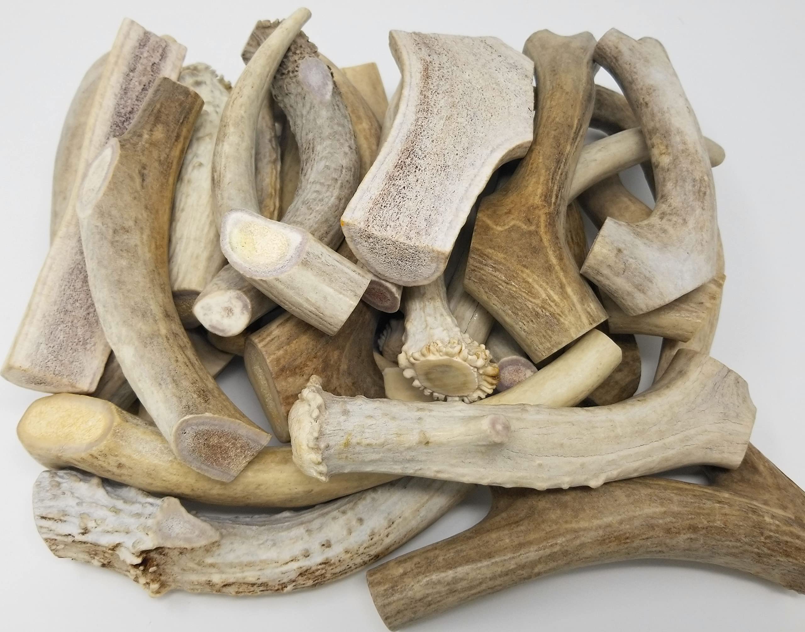 Big Dog Antler Chews sun-aged pieces show varied shapes for non-aggressive chewers.