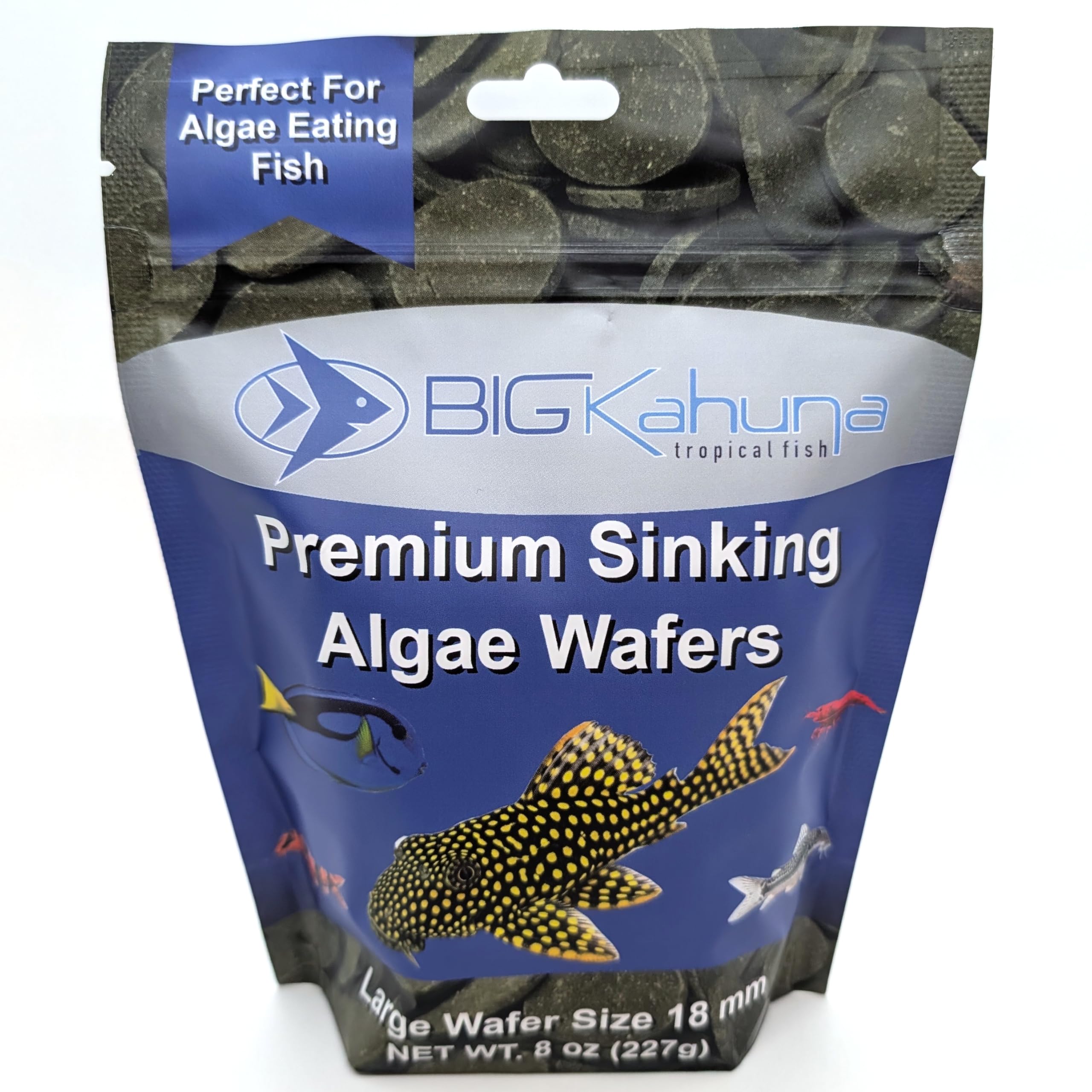 Big Kahuna Tropical Fish 18mm algae wafer close-up supports plecos with balanced nutrition.