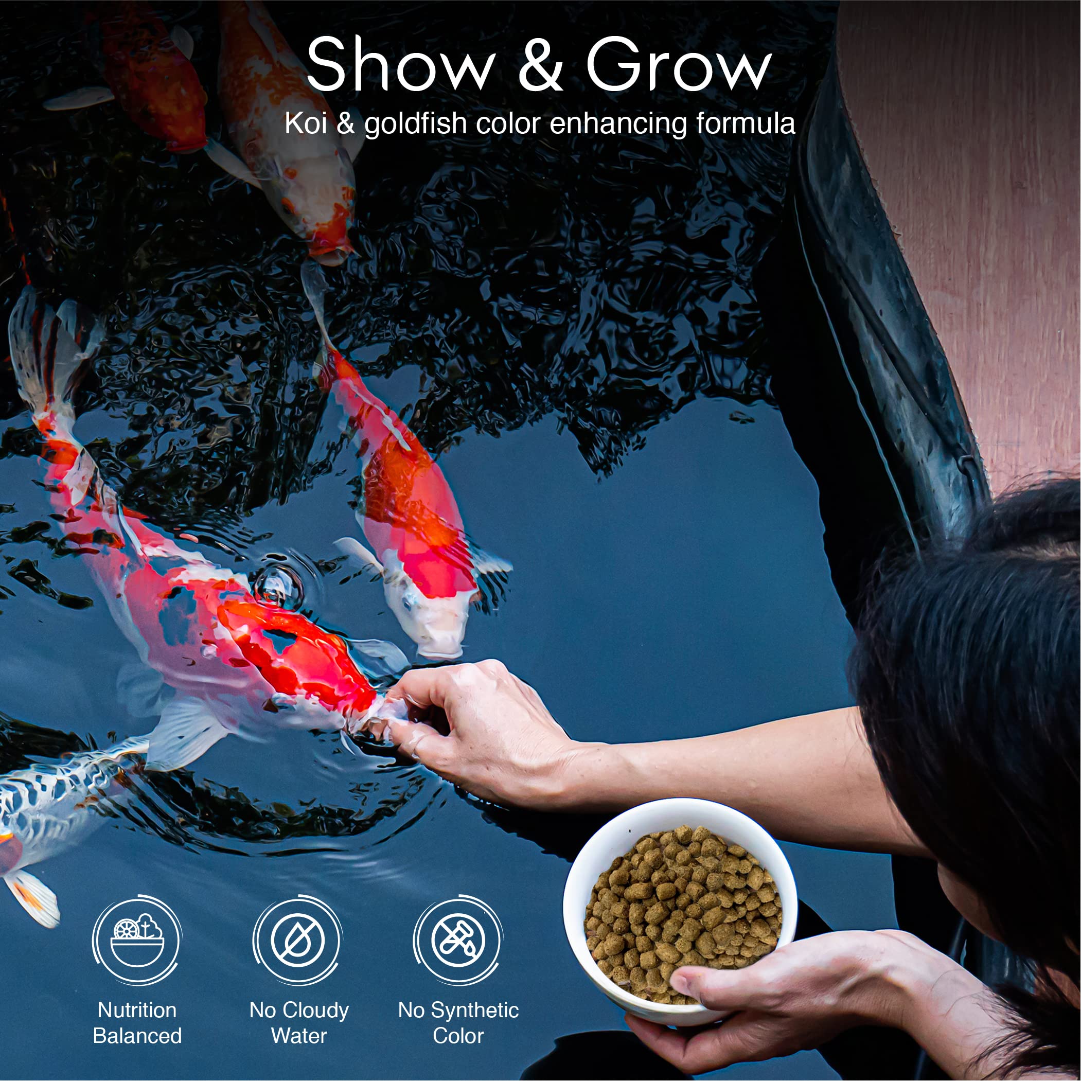 Big Kahuna Tropical Fish floating koi pellets for easy feeding at pond surface.