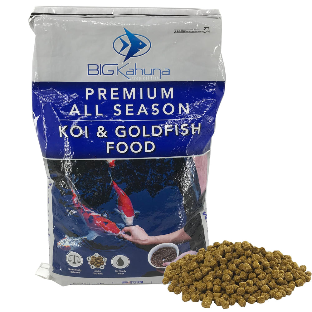 Big Kahuna Tropical Fish koi food pellets in a 20 lb bag for balanced pond nutrition.