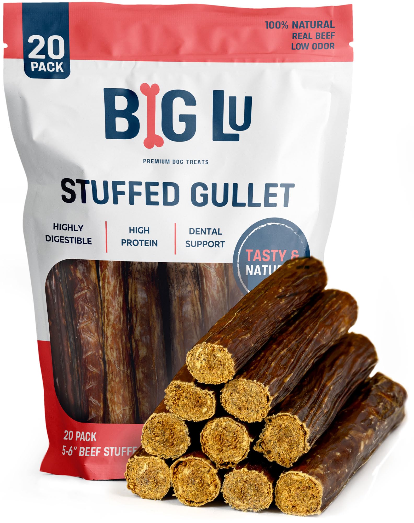 Big Lu beef gullet sticks packaging close-up showing all-natural ingredients
