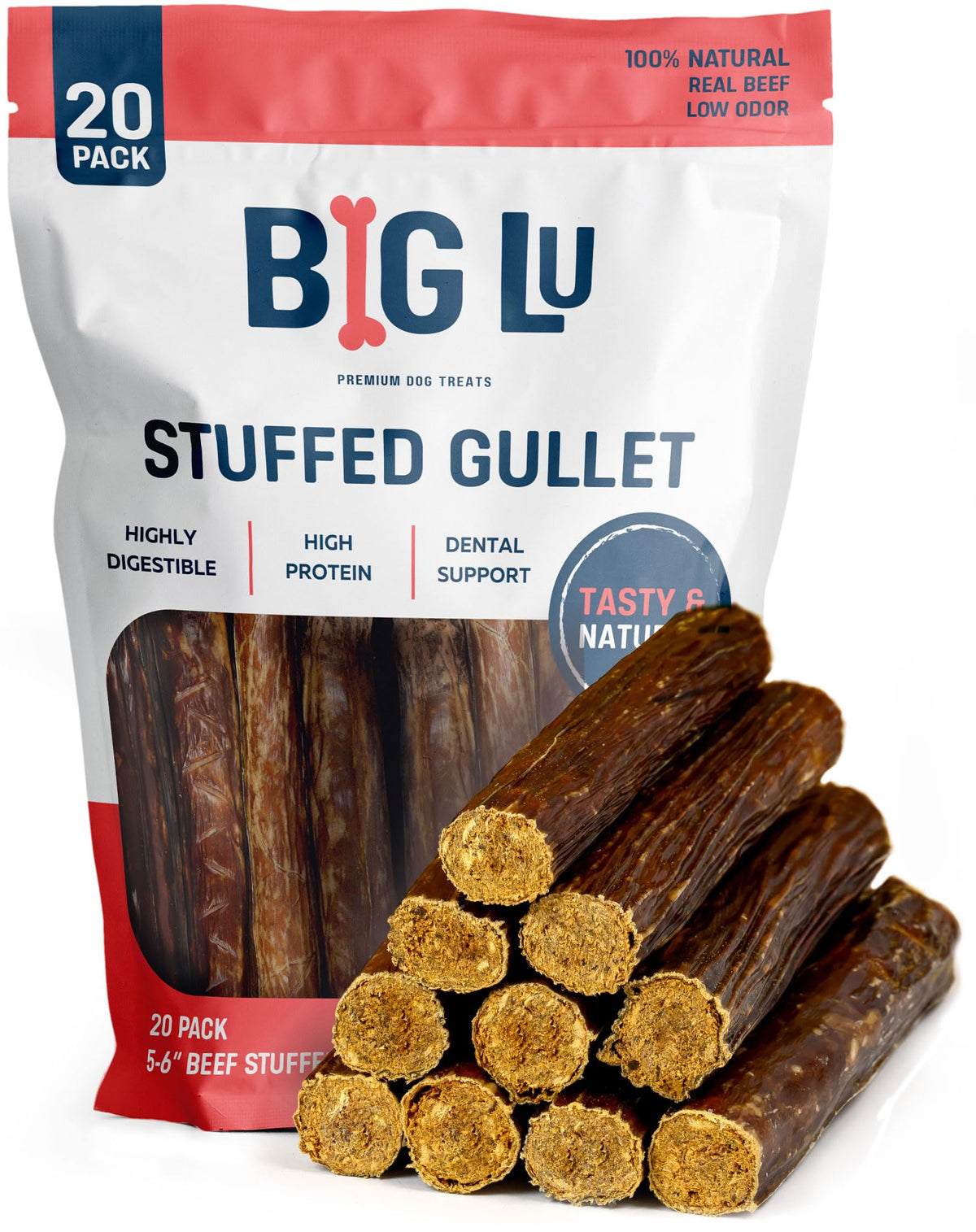 Big Lu beef gullet sticks packaging close-up showing all-natural ingredients