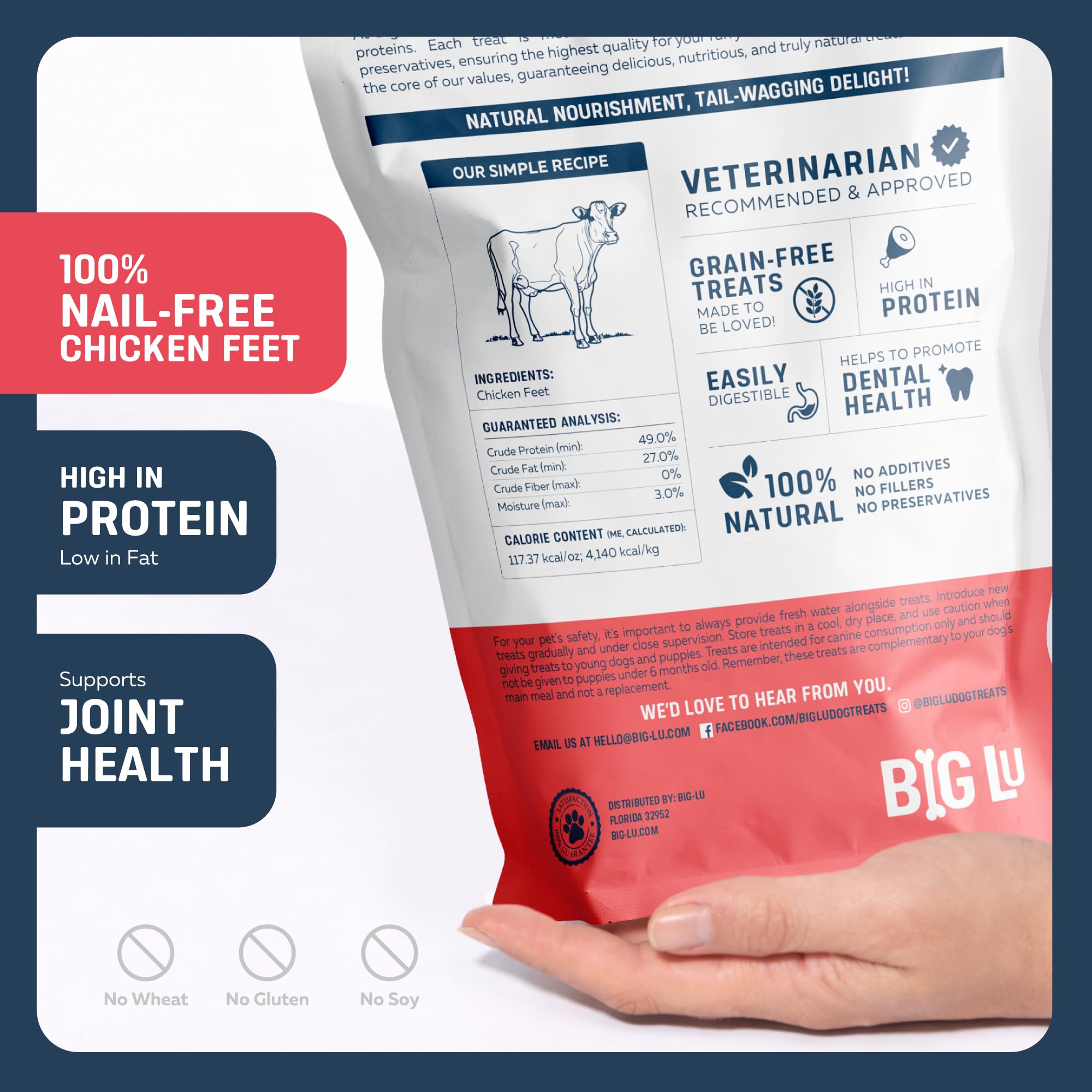 Ethically sourced chicken feet from Big Lu dogs, farm-raised and responsible.