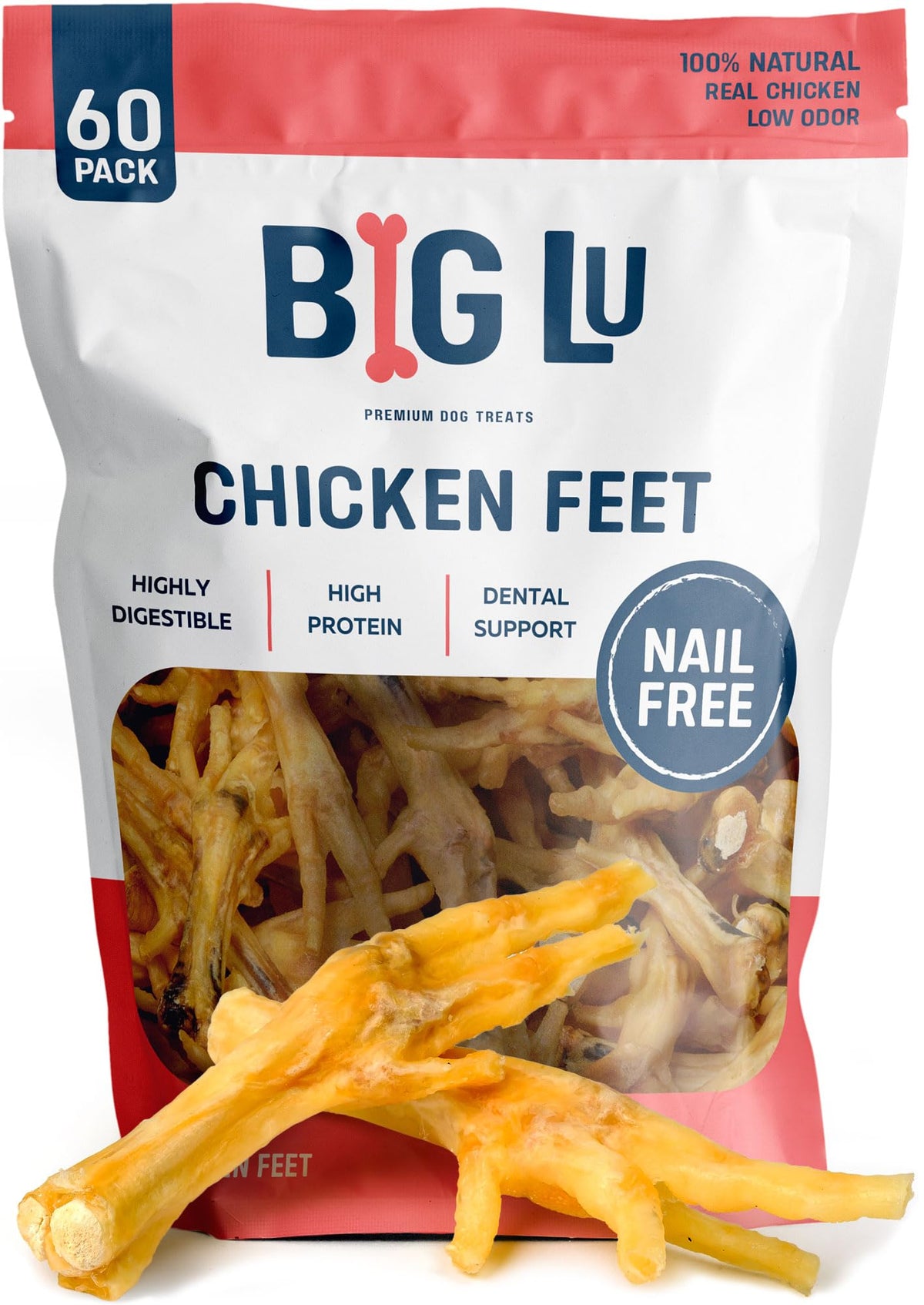 Big Lu chicken feet dog chews packaging shows a 60-pack for convenient stocking.