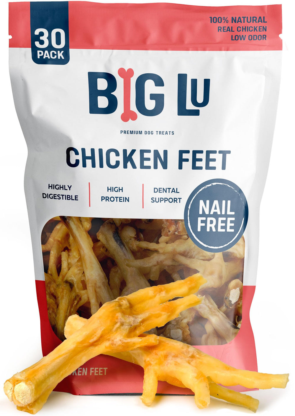 Big Lu nail-free chicken feet packshot showing a natural, long-lasting dog chew