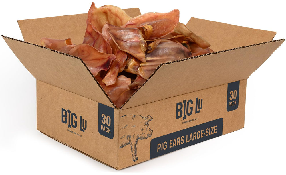 Big Lu pig ears bulk 30 count package for medium and large dogs.