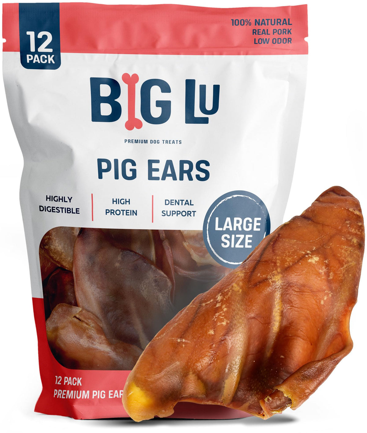 Big Lu pig ears close-up, natural single-ingredient chew for dental care