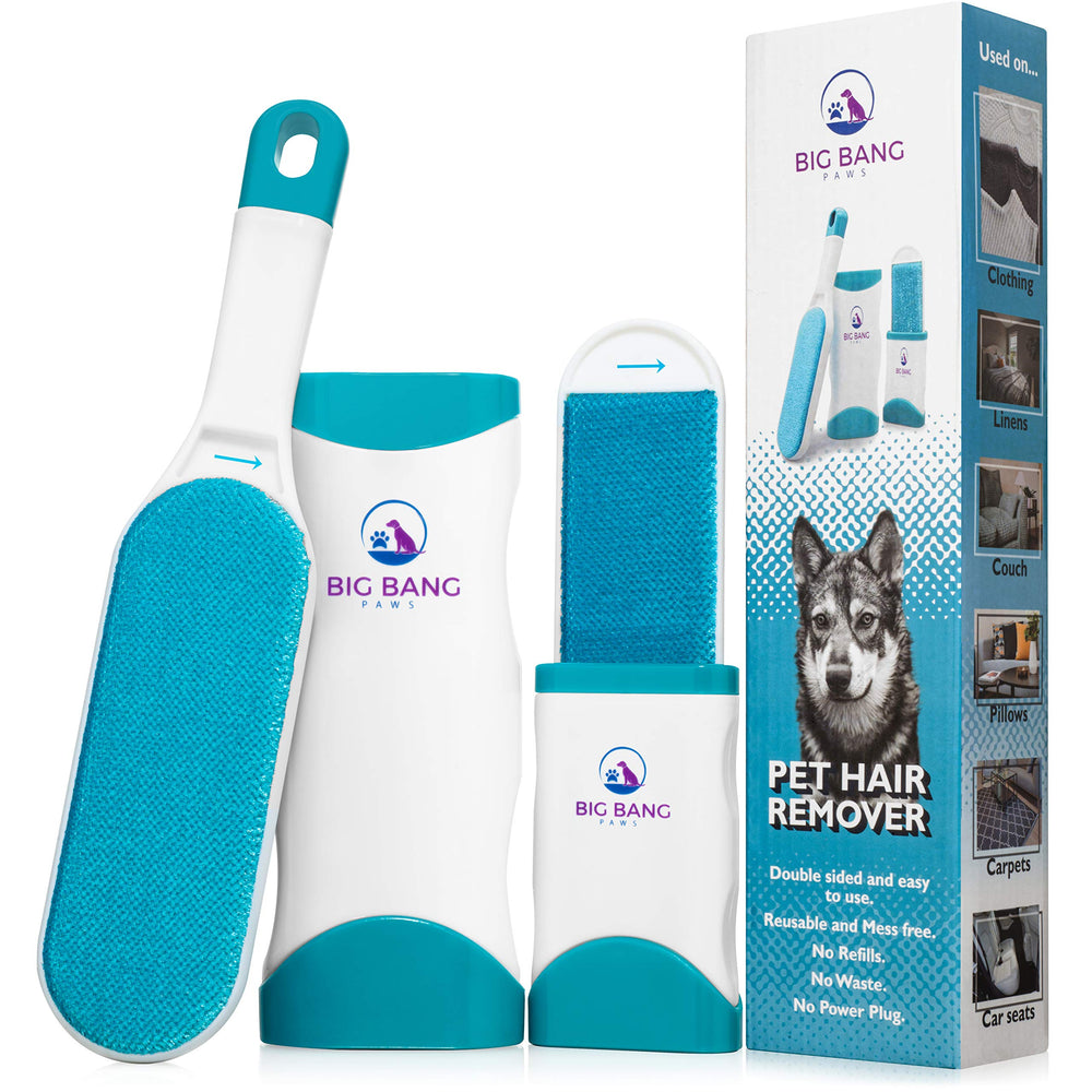 Big Bang Paws pet hair remover brush on clothes for quick fur removal.