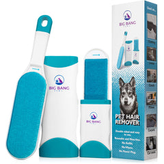 Big Bang Paws pet hair remover brush on clothes for quick fur removal.