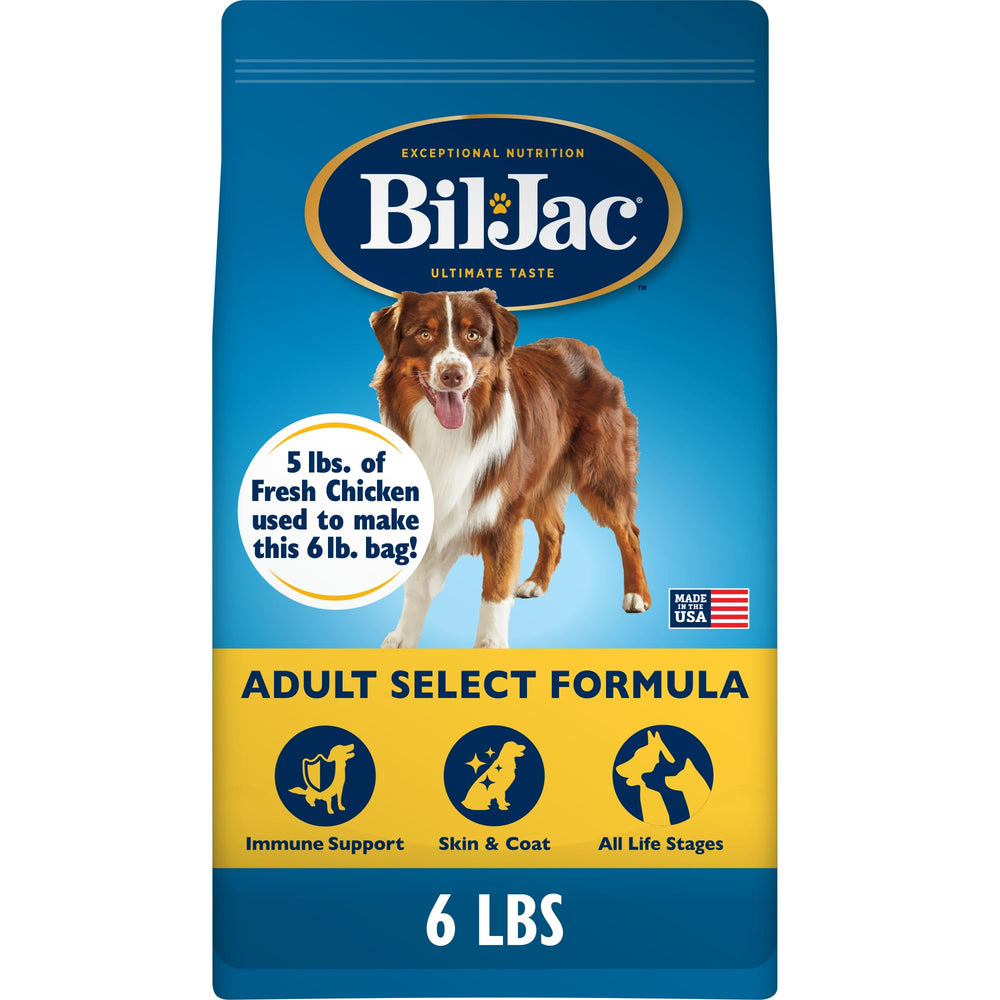 Bil-Jac Adult Select dry dog food bag showcases fresh chicken for balanced daily nutrition.