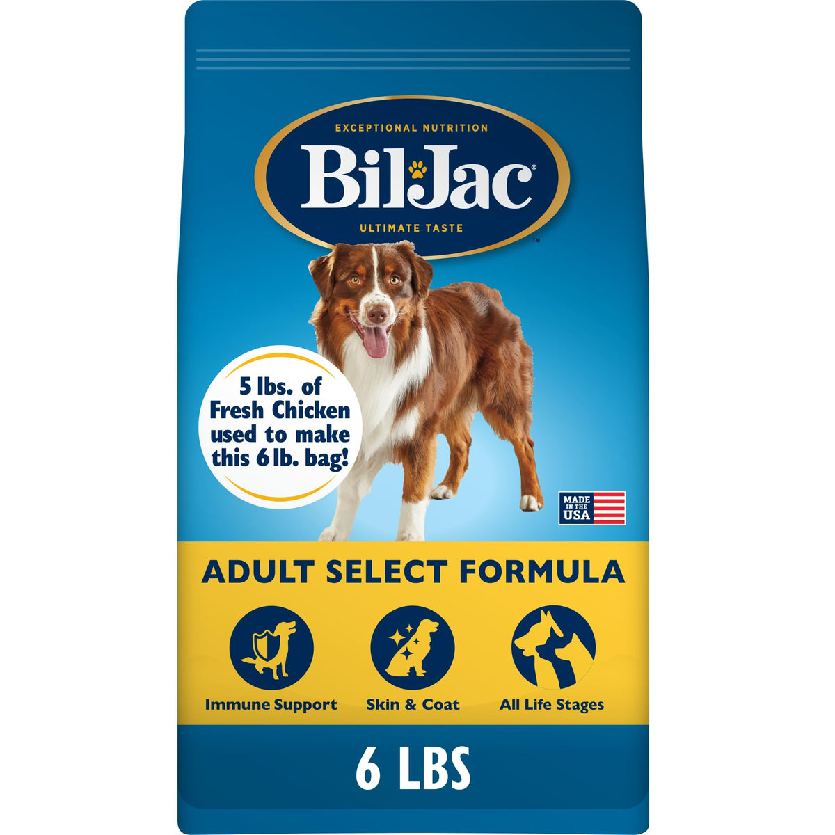 Bil-Jac Adult Select dry dog food bag showcases fresh chicken for balanced daily nutrition.
