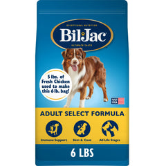Bil-Jac Adult Select dry dog food bag showcases fresh chicken for balanced daily nutrition.