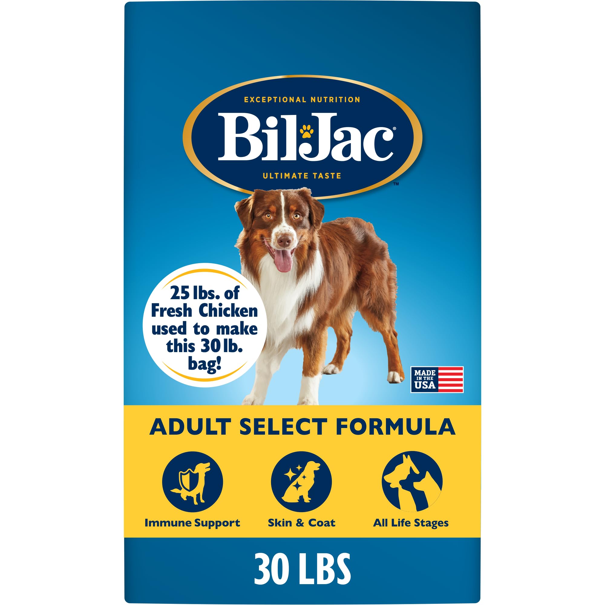 Bil-Jac Adult Select dry dog food bag highlights fresh chicken for premium nutrition.