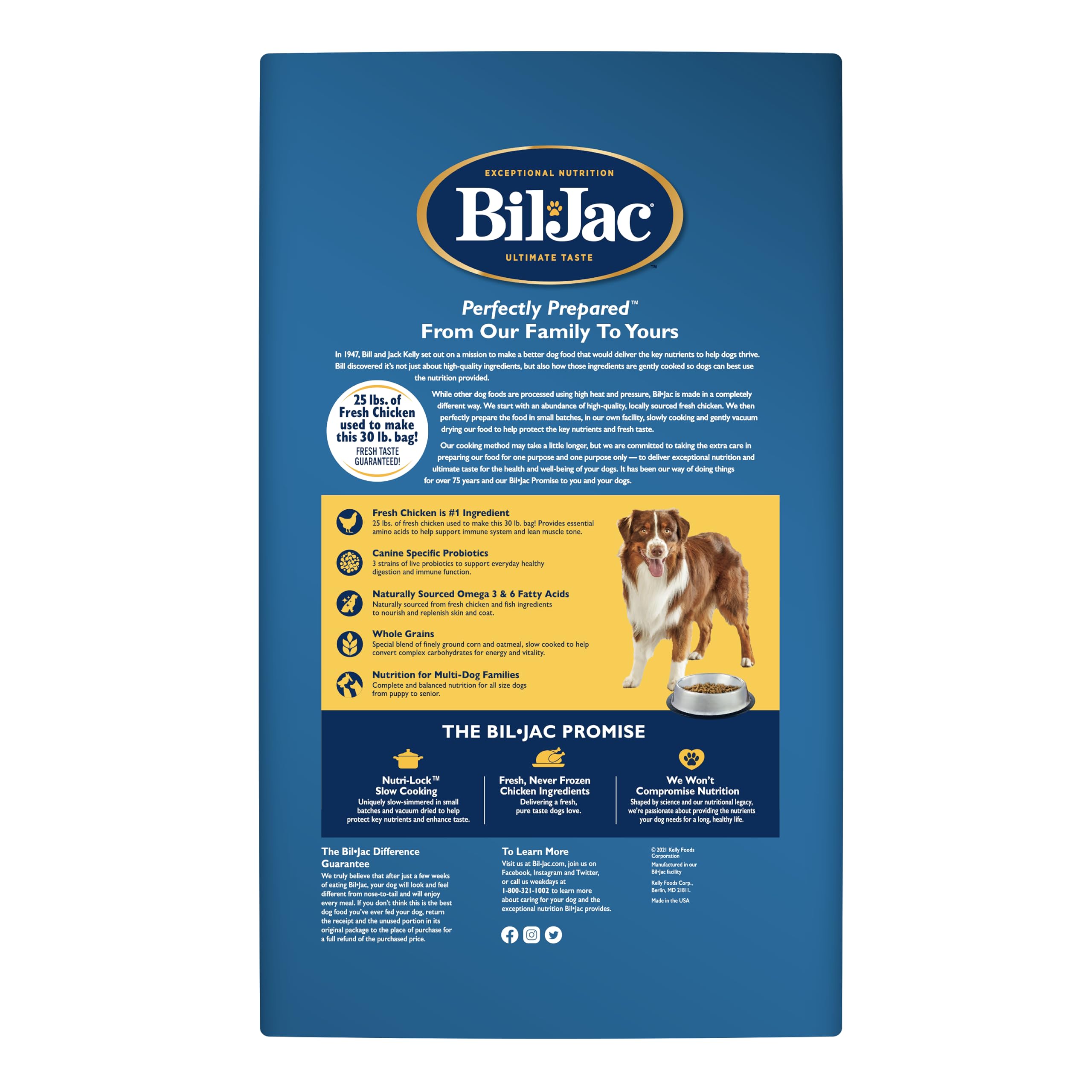 Probiotic label emphasizes digestion support for Bil-Jac dog meals.