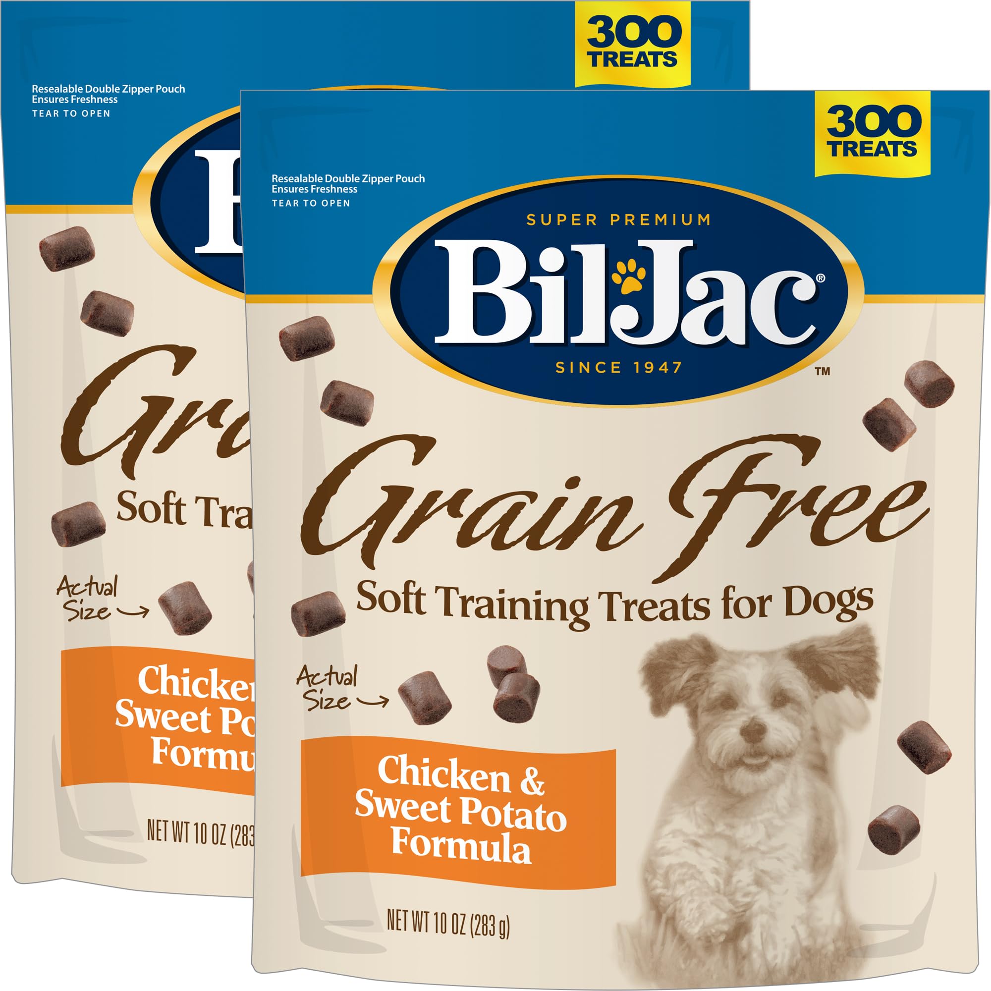 Bil-Jac grain free soft treats with chicken liver for focused training rewards.