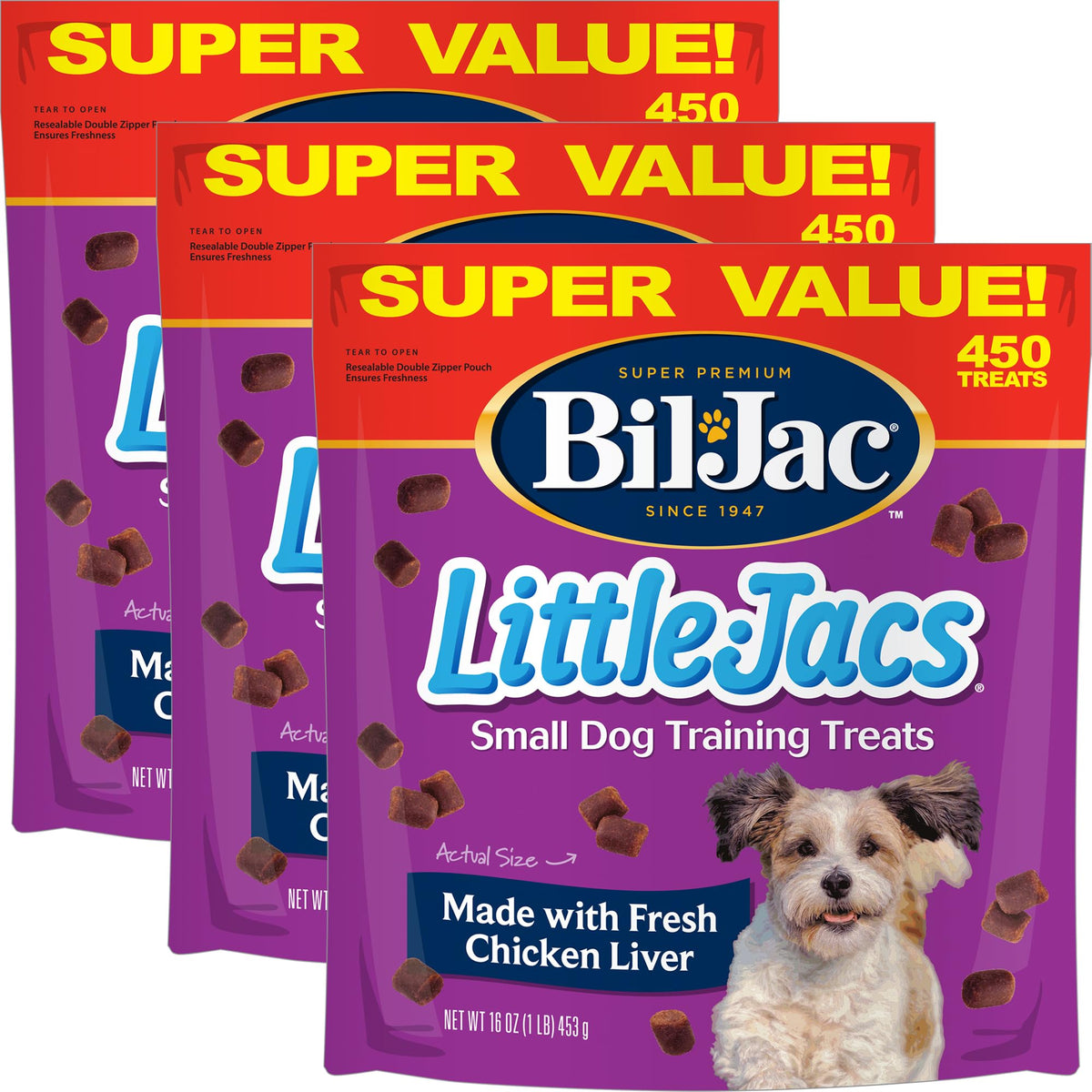 Bil-Jac Little Jacs soft chicken liver treats in a 3-pack for training rewards.