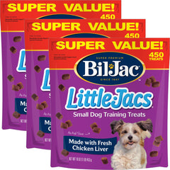 Bil-Jac Little Jacs soft chicken liver treats in a 3-pack for training rewards.