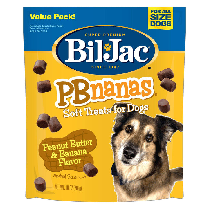 Bil-Jac PB-Nanas soft dog treats 2-pack, peanut butter and banana flavor for training rewards.
