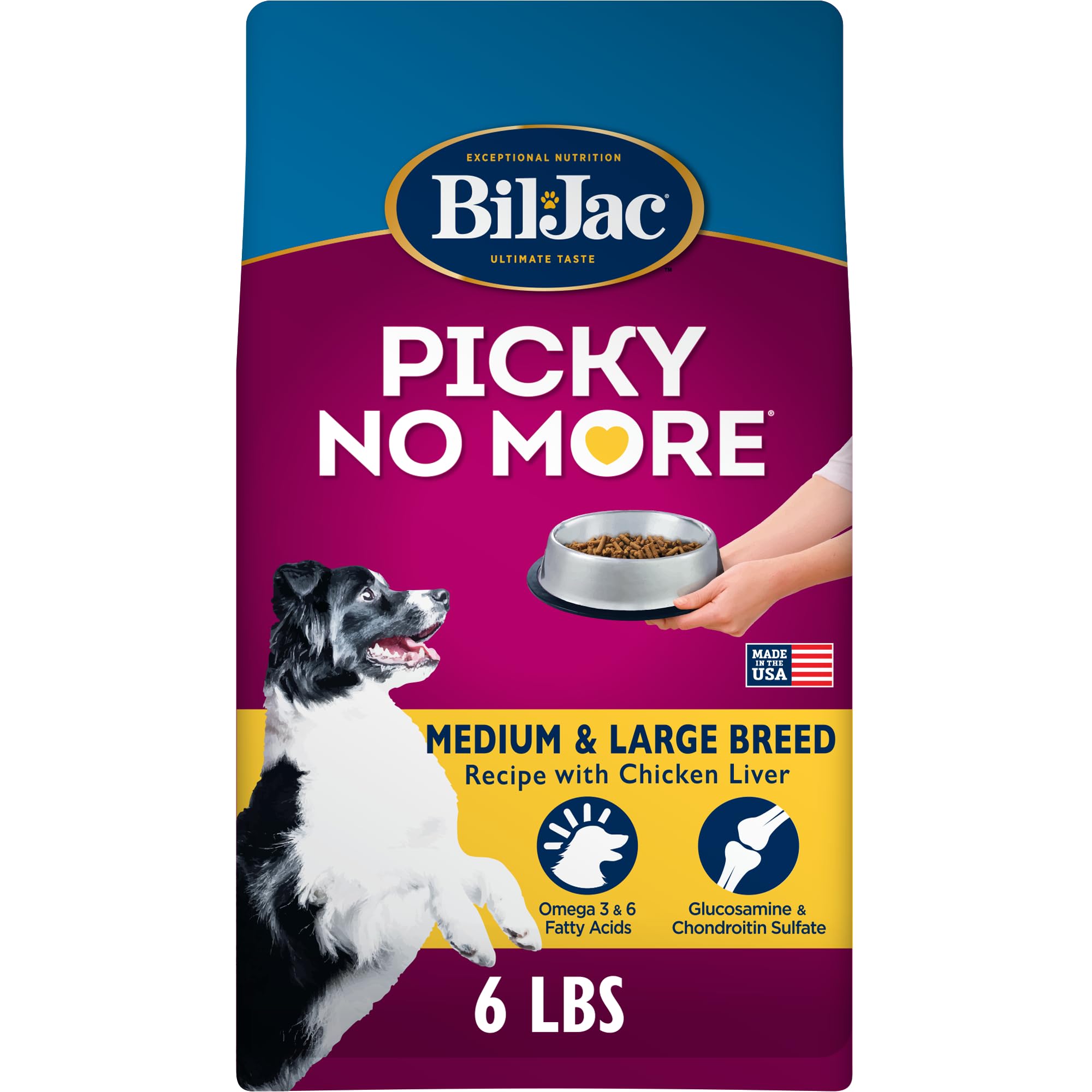 Bil-Jac Picky No More kibble in a bowl boosts appetite for picky medium and large breeds.