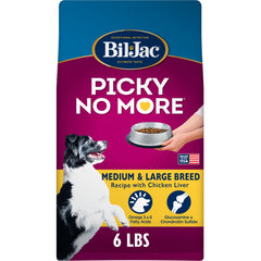 Bil-Jac Picky No More kibble in a bowl boosts appetite for picky medium and large breeds.