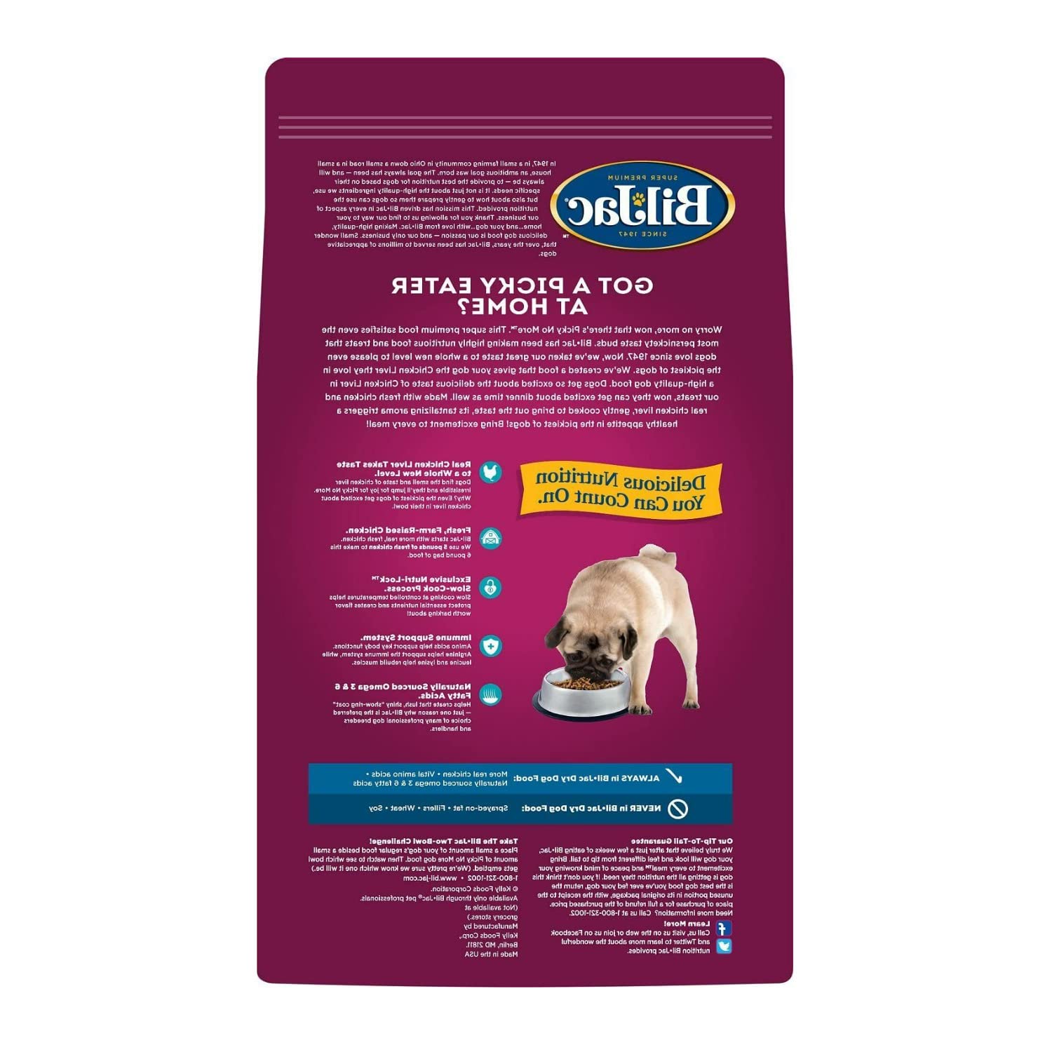 Bil-Jac Picky No More kibble in bowl suggests improved digestion and a healthy coat