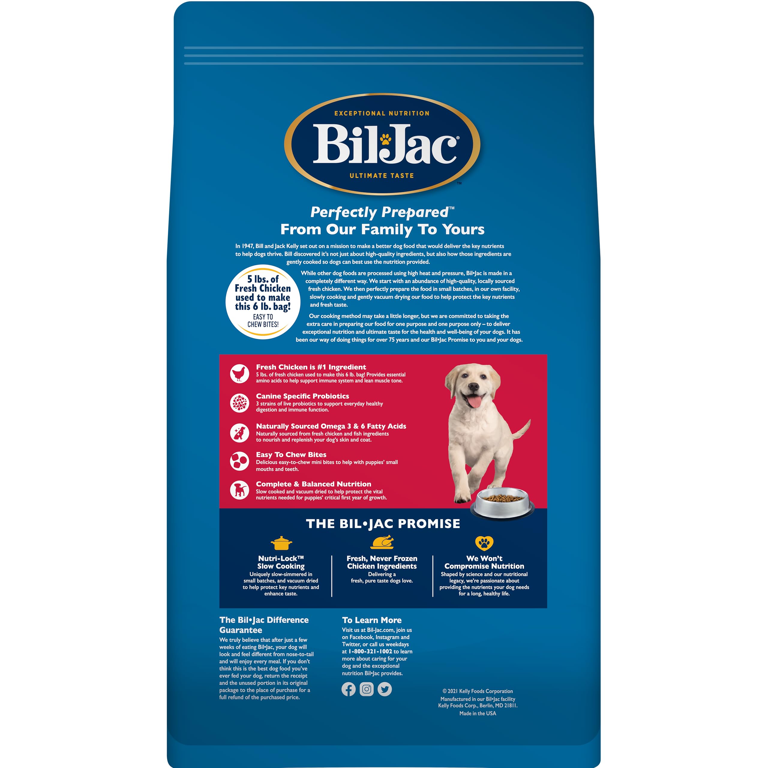 Bil-Jac Puppy Select kibble close-up shows real chicken for sturdy puppy energy