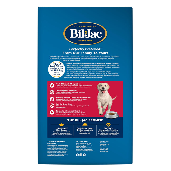 Close-up of Bil-Jac kibble from Puppy Select showing texture for gentle digestion.