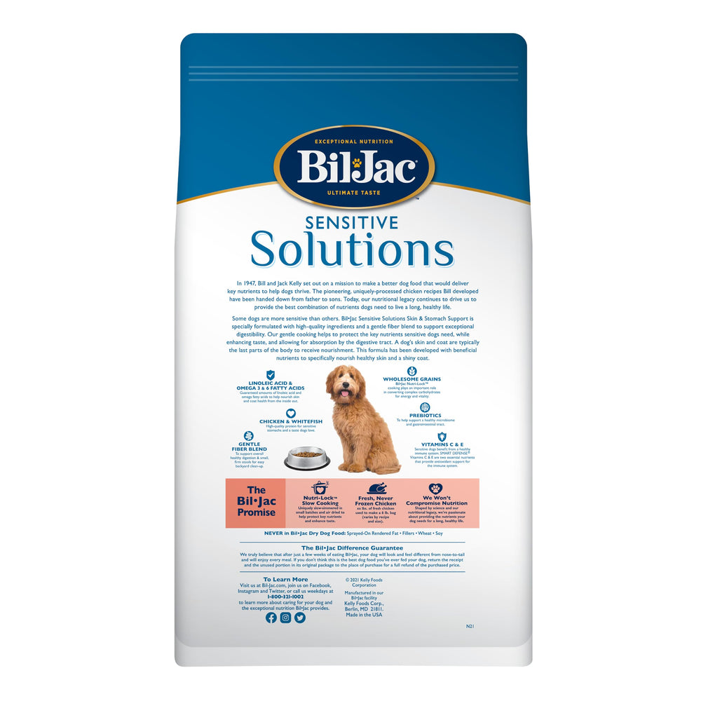 Bil-Jac Sensitive Solutions ingredients close-up showing real whitefish and chicken for gentle digestion.