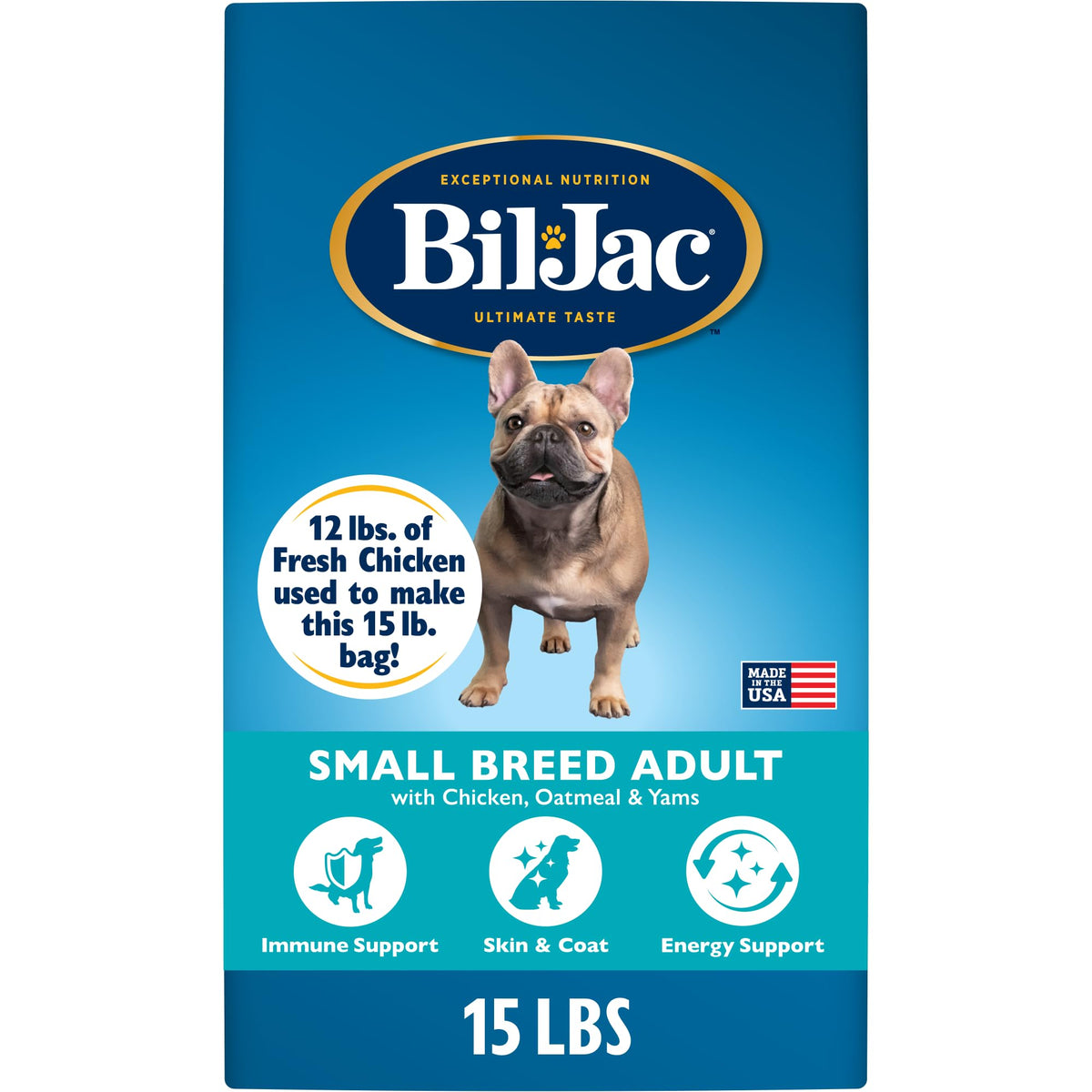 Bil-Jac Small Breed Dry Dog Food with chicken first ingredient for lean energy.