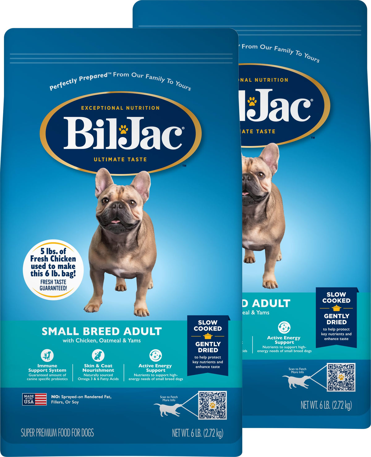 Bil-Jac Small Breed packaging showing two 6 lb bags for easy feeding