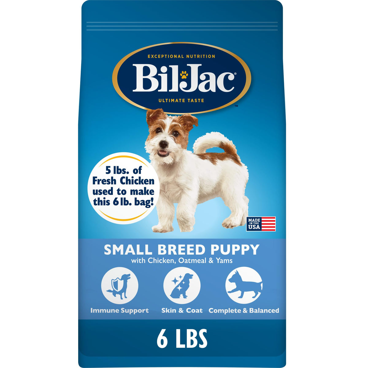 Bil-Jac Small Breed Puppy bag with fresh chicken as main ingredient for lean muscle support