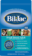 Bil-Jac Small Breed Select dry dog food bag – real chicken first ingredient.