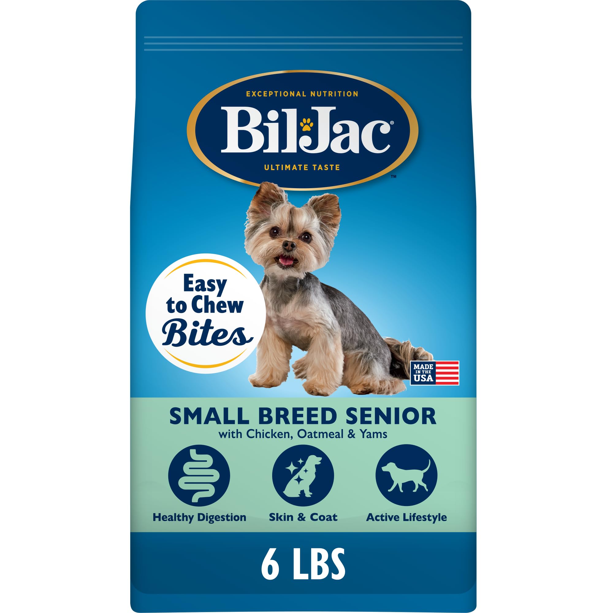 Bil-Jac Small Breed Senior bag closeup highlighting chicken formula for lean muscle support
