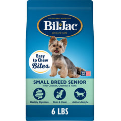Bil-Jac Small Breed Senior bag closeup highlighting chicken formula for lean muscle support