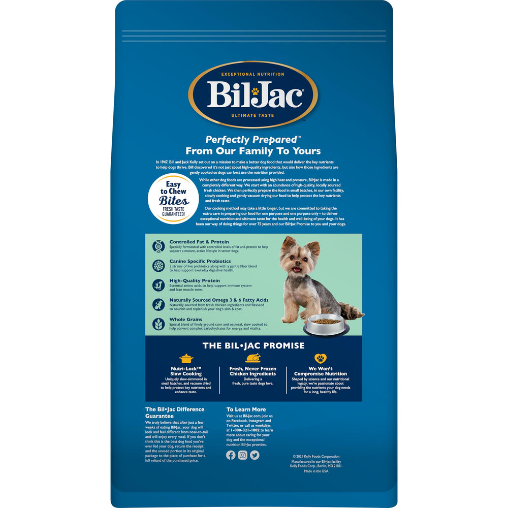 Bil-Jac Small Breed Senior easy-chew bites closeup showing teeth-friendly texture for senior dogs