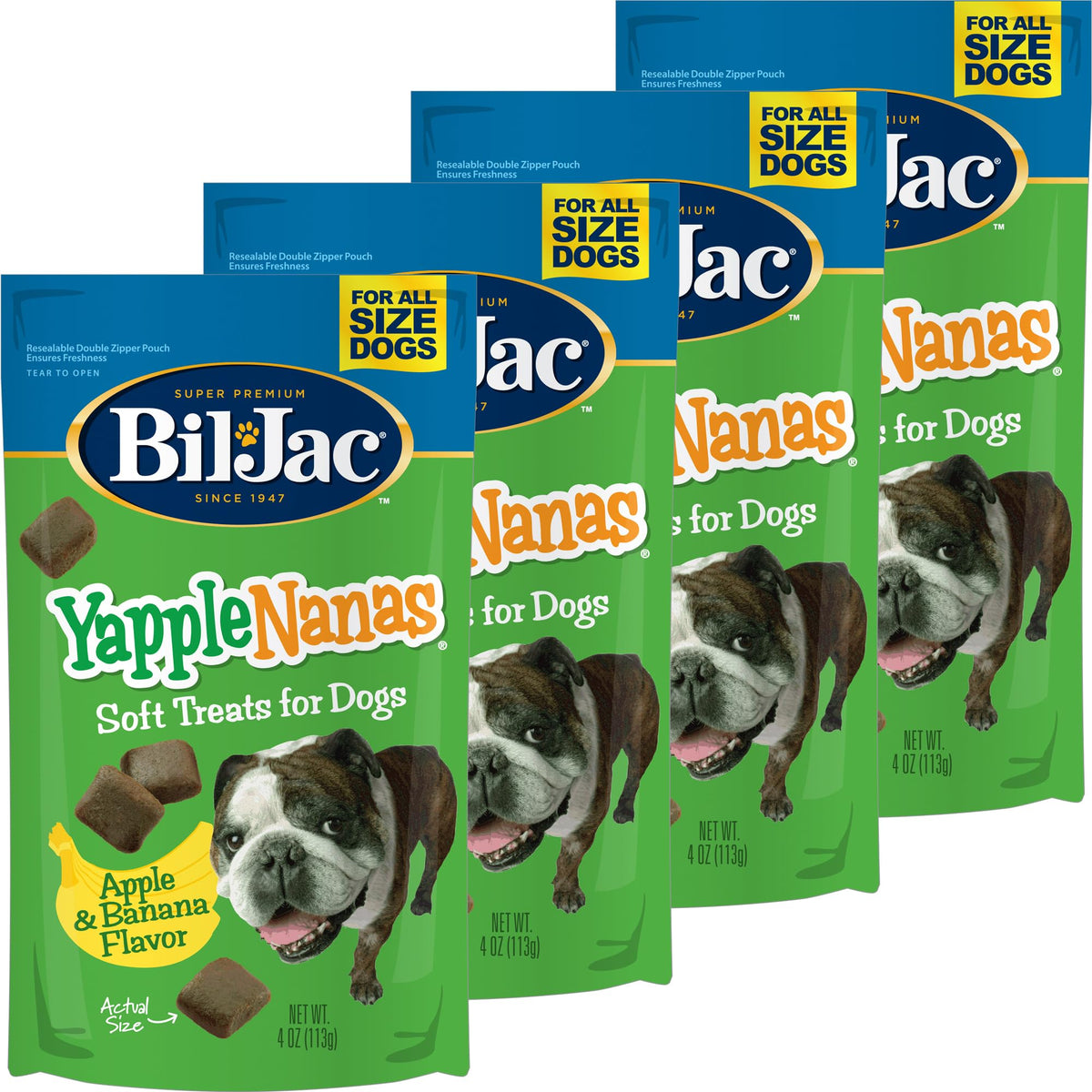 Bil-Jac Yapple-Nanas soft dog treats in square shape offer gentle rewards.