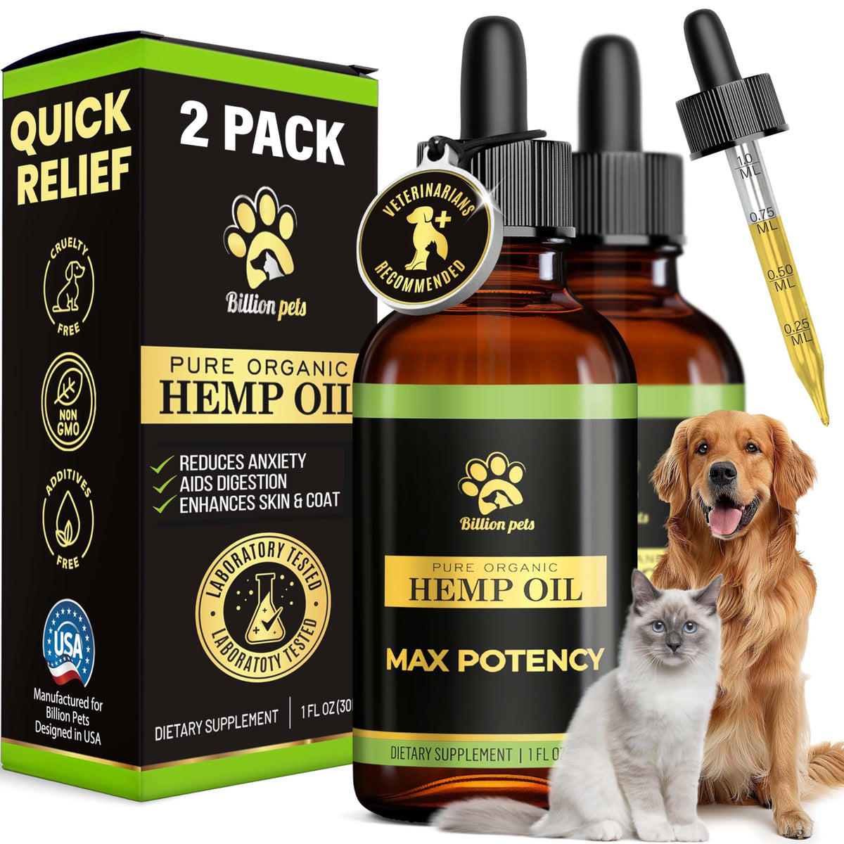 Billion Pets hemp oil bottle with dropper supports calm for dogs and cats.