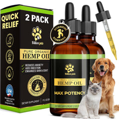 Billion Pets hemp oil bottle with dropper supports calm for dogs and cats.