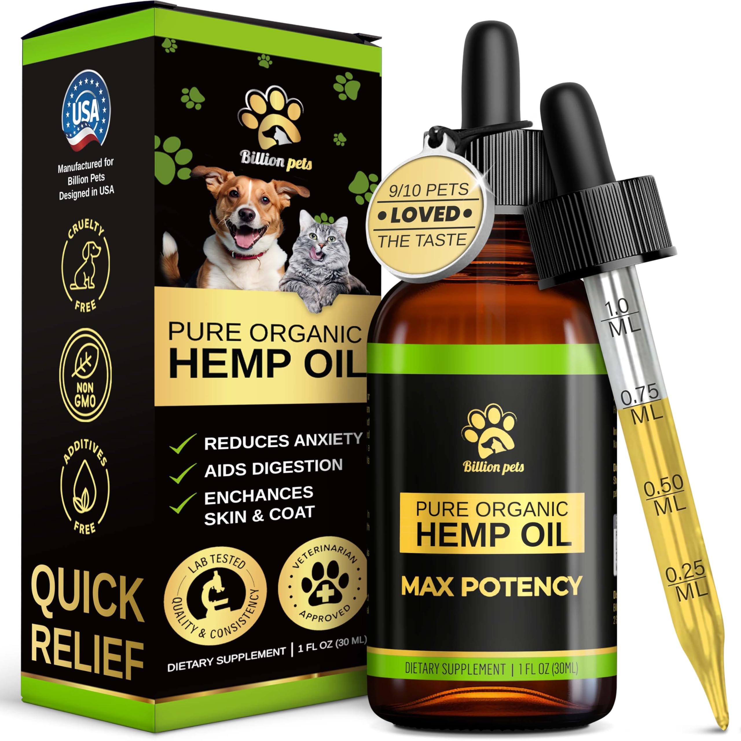 Billion Pets hemp oil bottle with dropper for easy dosing.
