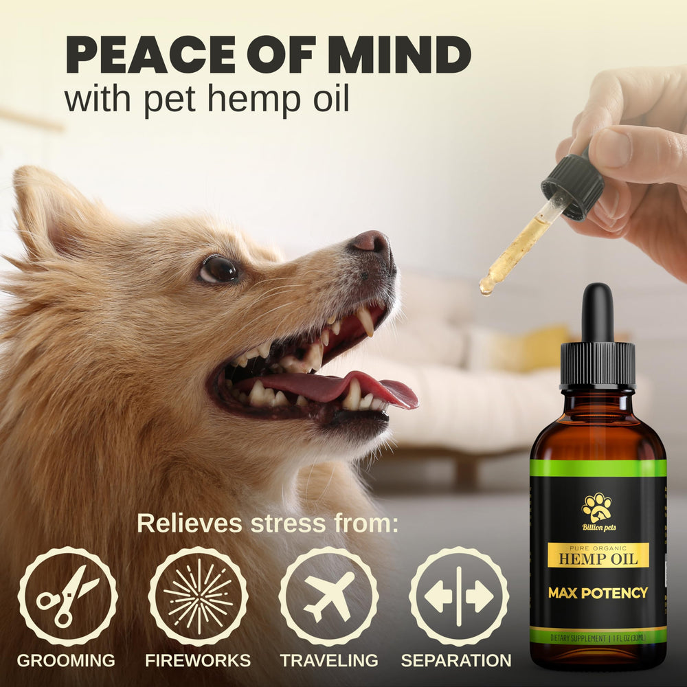 Billion Pets hemp oil label highlights organic, non-GMO ingredients.