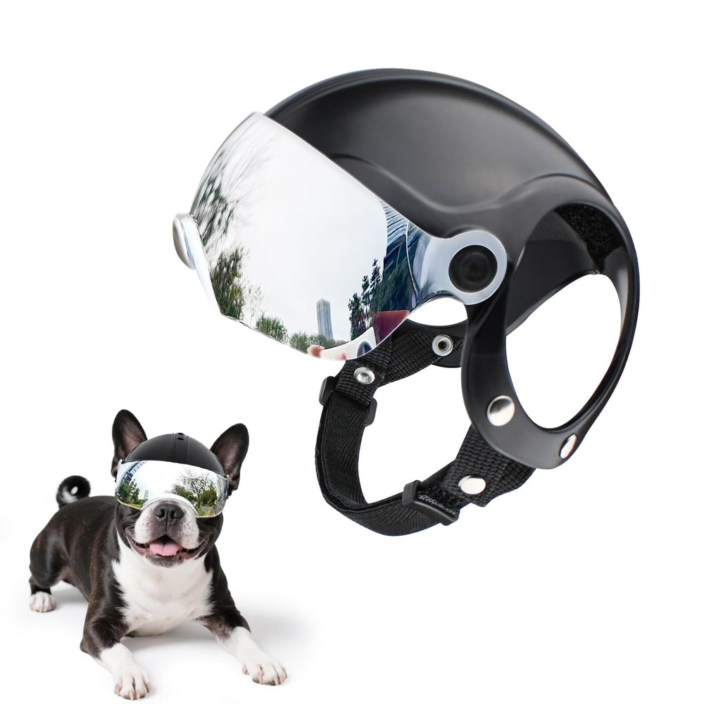 Billionchains dog helmet with drop-down visor for small breeds during rides.