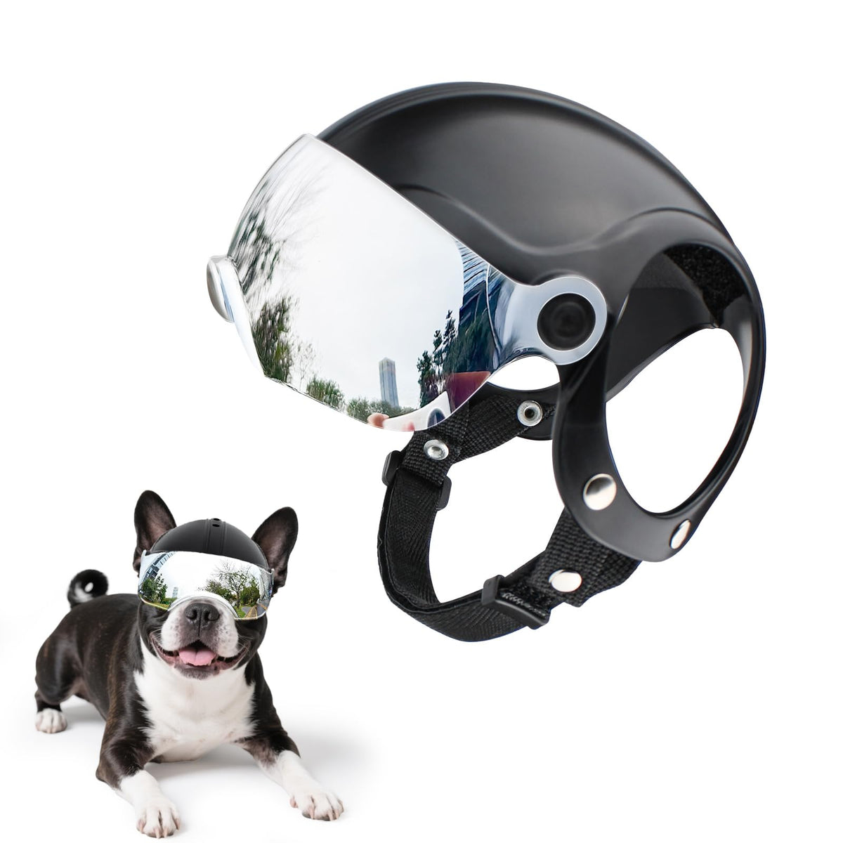 Billionchains dog helmet with drop-down visor for small breeds during rides.