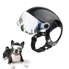 Billionchains dog helmet with drop-down visor for small breeds during rides.