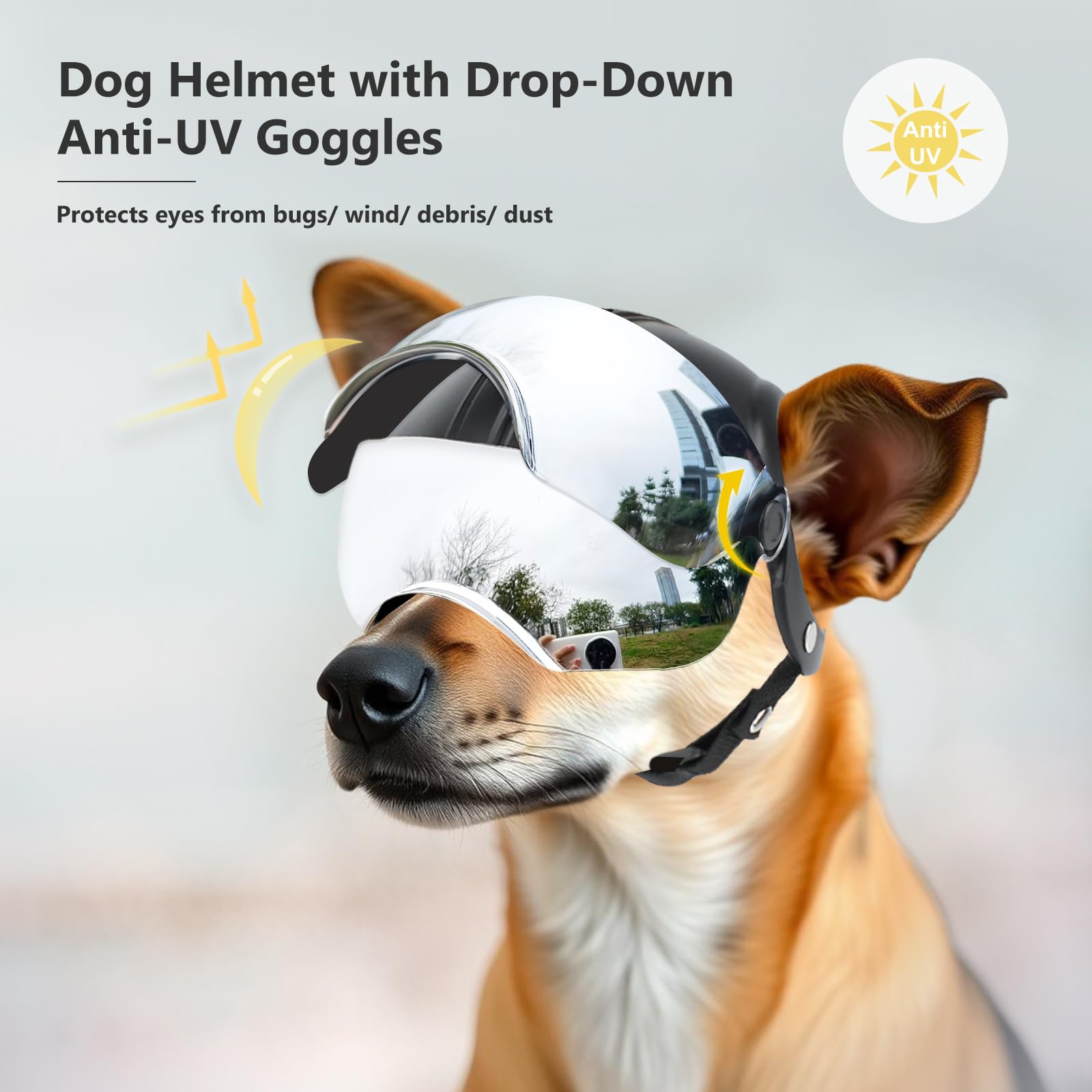 Billionchains dog helmet featuring ear-hole design for comfortable wear around the ears.
