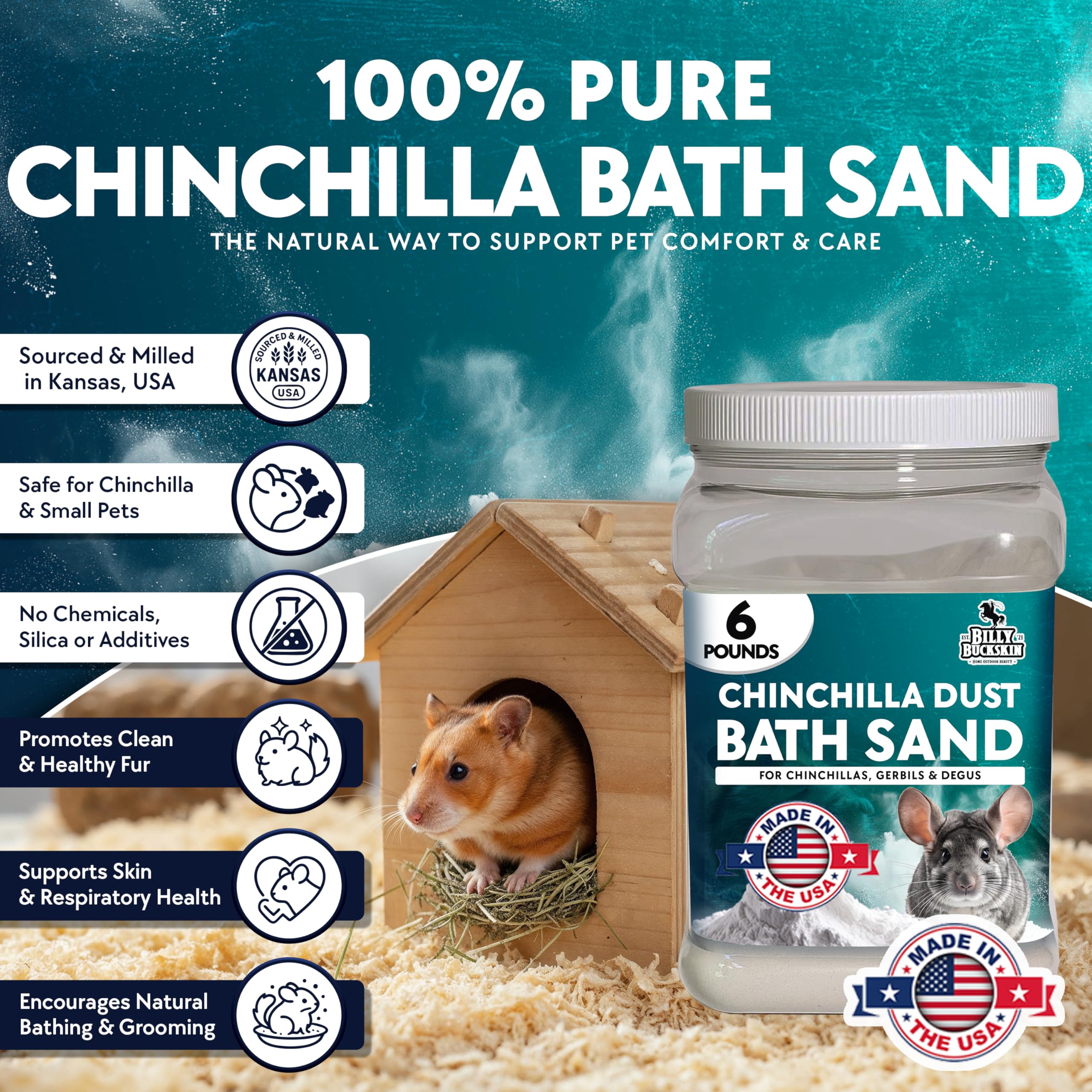 USA-sourced chinchilla dust for natural small pet grooming.